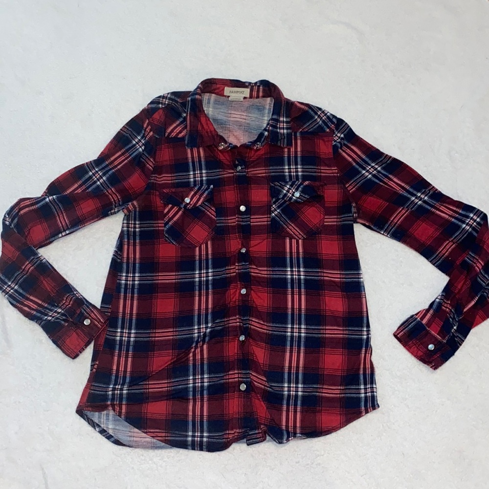 Brand: passport, size: large, red plaid shirt